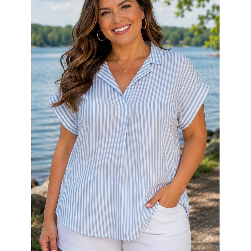Beachlunchlounge‎ Womens Blouse Blue White Stripe XL Coastal Summer Top Casual